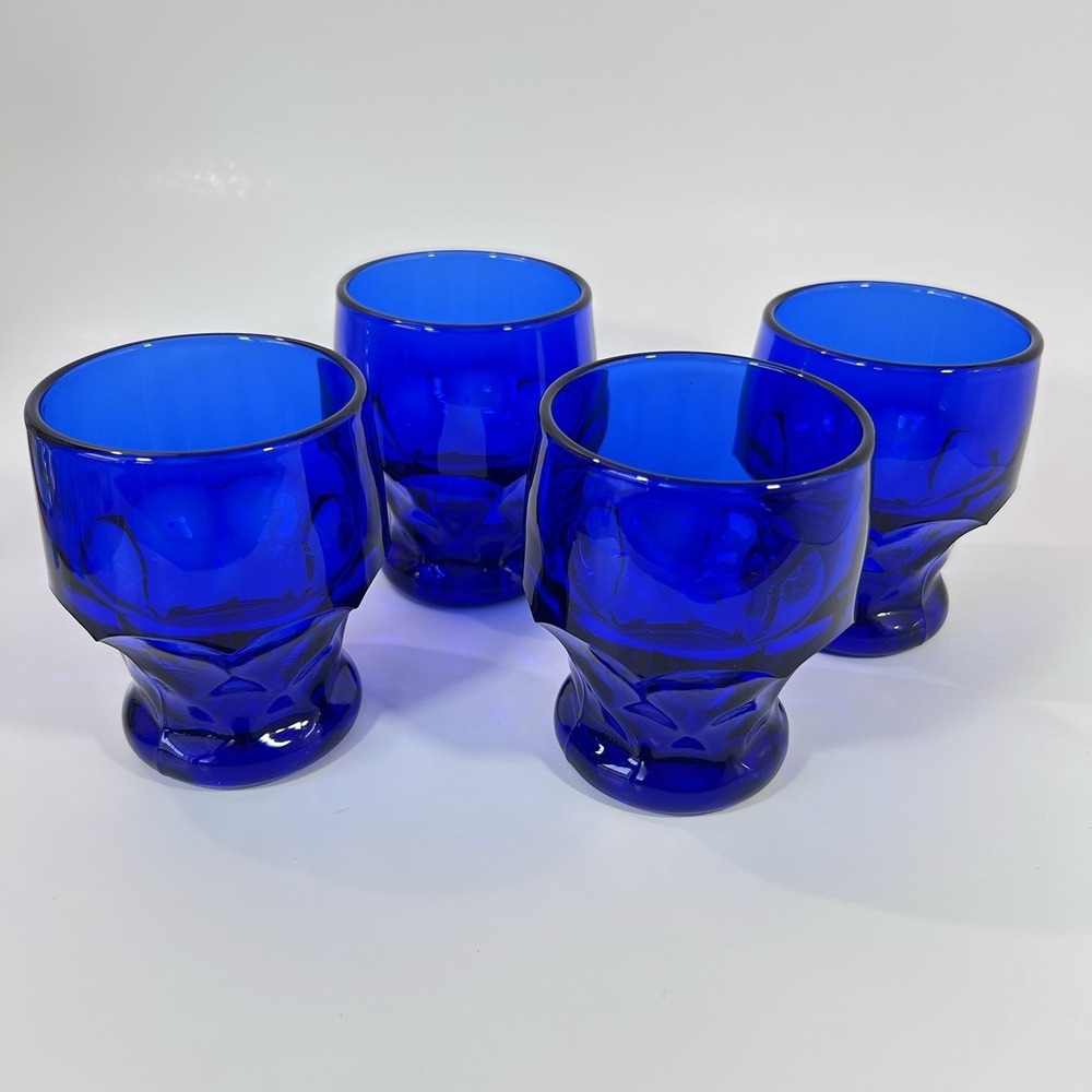 Vtg Set Of 4 Mosser Viking Glass Georgian Cobalt Blue Flat Tumblers 4" EUC